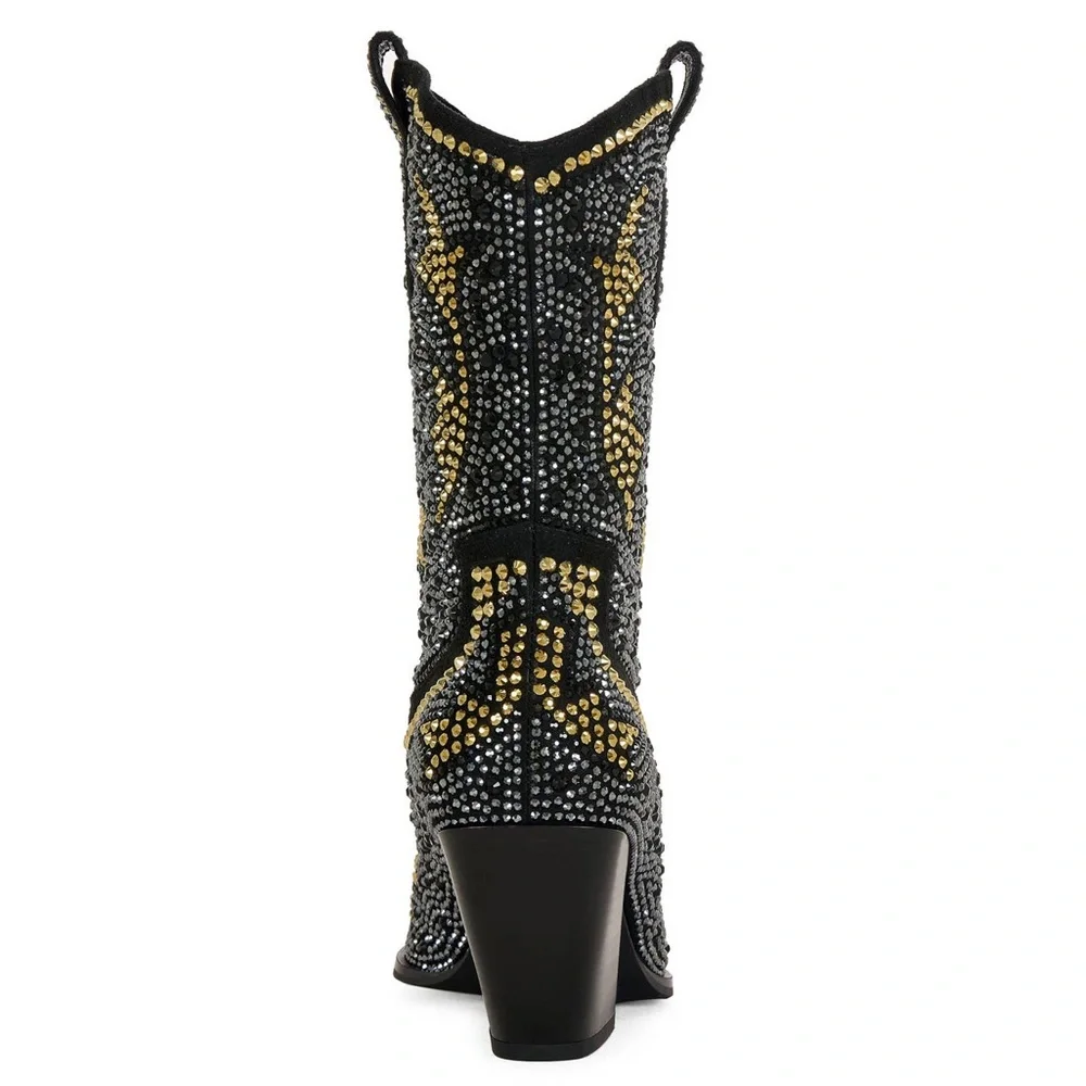 AZALEA WANG Embellished Crystal Western Boots Black & Gold Glam Rock Cowgirl
